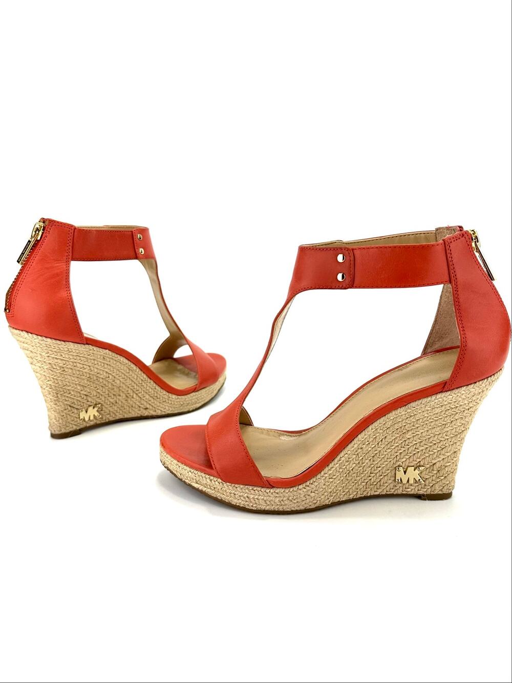 Michael Kors Wedge Sandal Sz 7.5/38M Orange Leather Espadrille Platform T-Strap